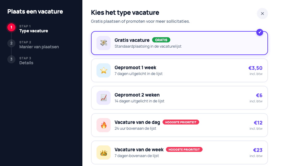 De vacaturewizard van Jober - het vacaturetype kiezen